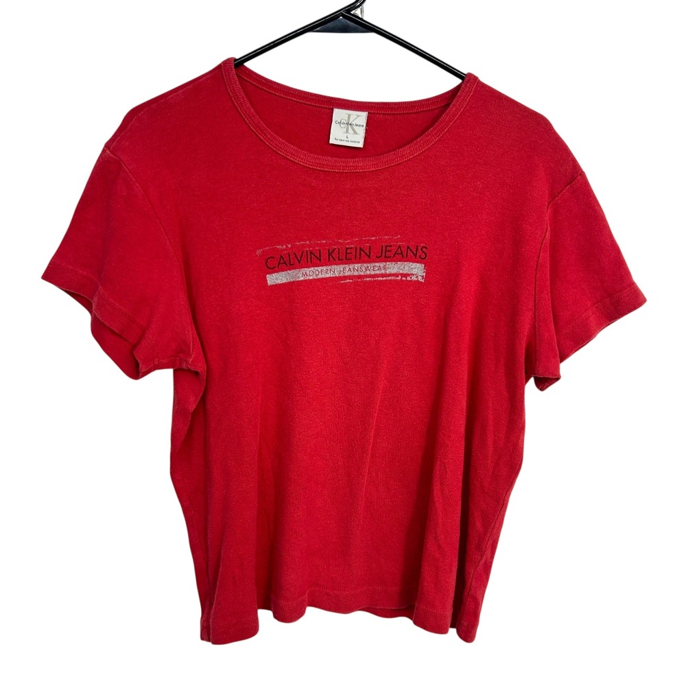 Calvin Klein Jeans Graphic Logo T-Shirt Large Red 90s Y2K Streetwear Minimalist